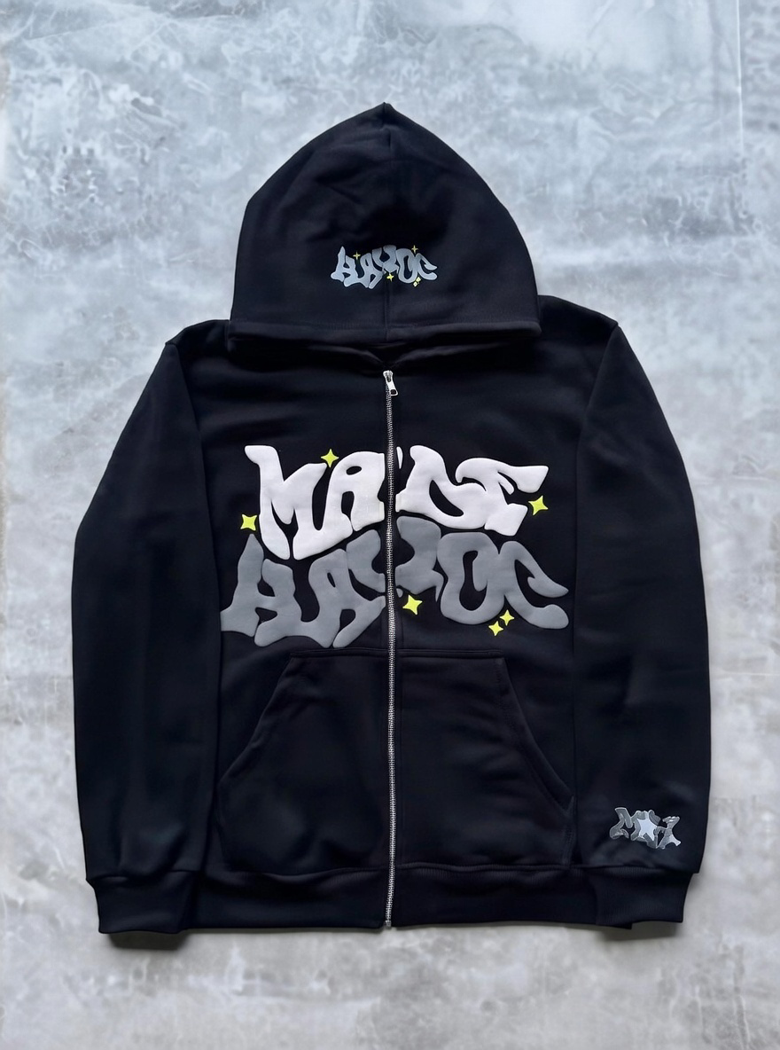 Zipper hooded sweatshirt with retro American
