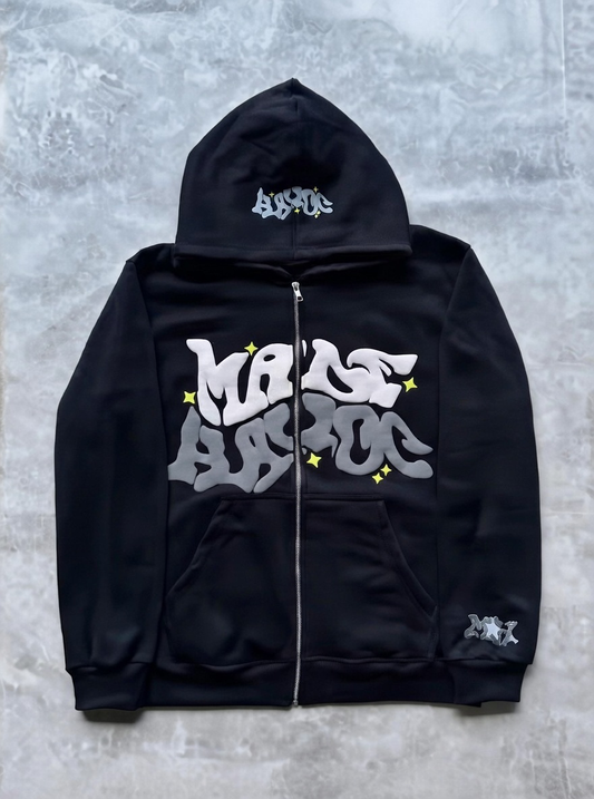 Zipper hooded sweatshirt with retro American